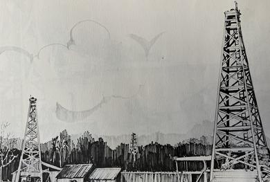 Historical oil industry illustration — derricks