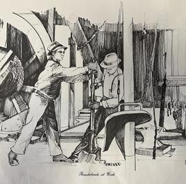 Historical oil industry illustration — workers at the rig